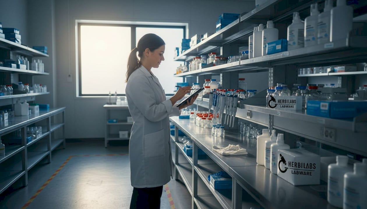 Technician organizing tools in lab supply area