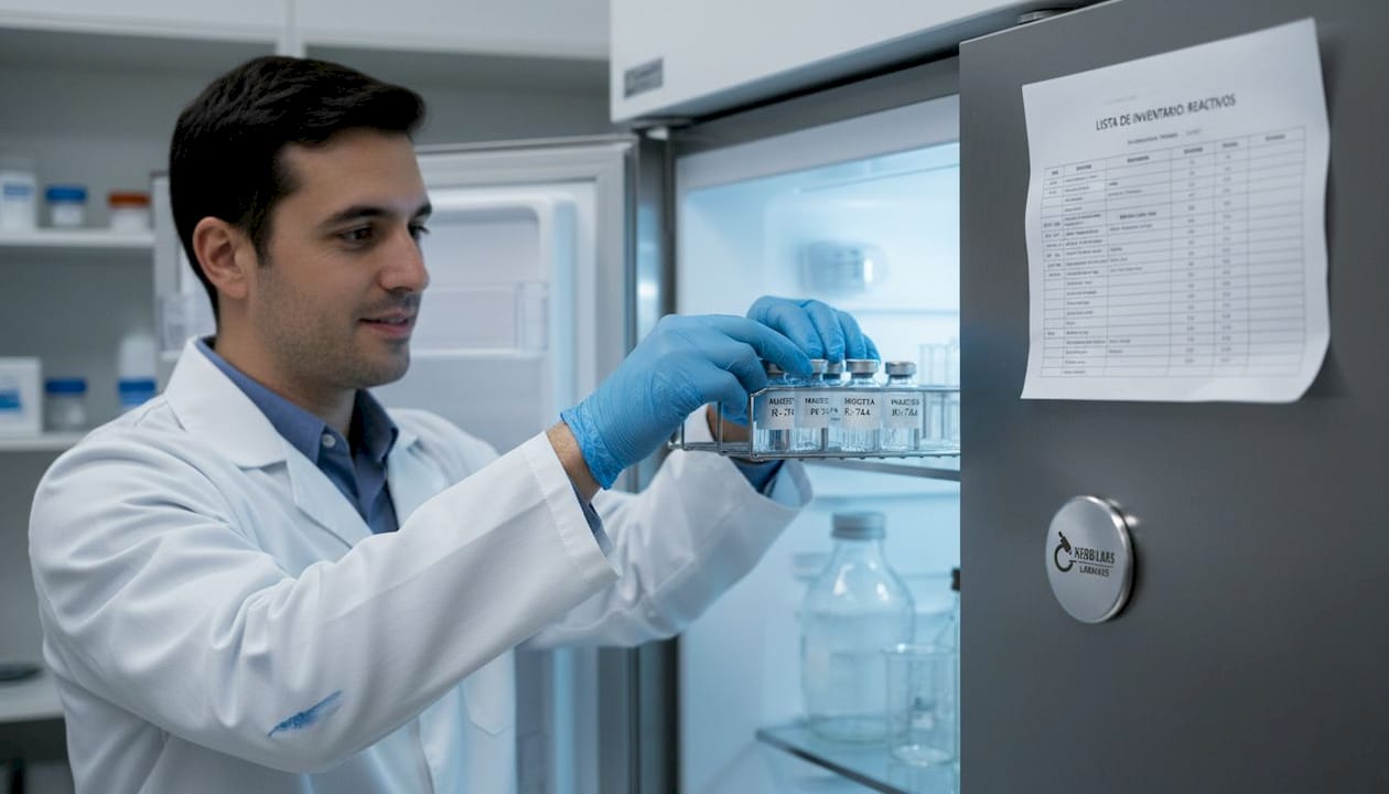 Viales con solvente estéril almacenados en el refrigerador del laboratorio