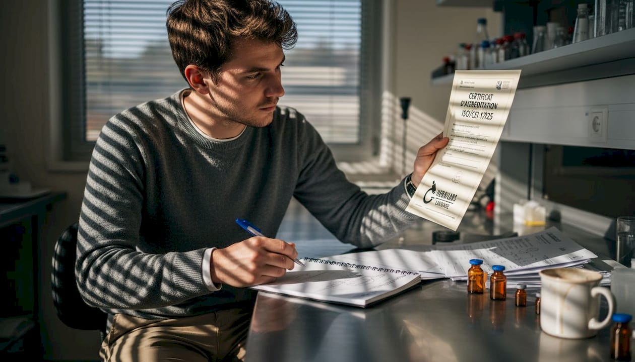 Un chercheur examine les dossiers de certification du laboratoire afin de s’assurer de leur conformité.