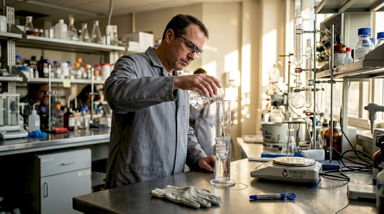 Ein Wissenschaftler führt ein Verdünnungsexperiment durch und mischt dabei verschiedene Flüssigkeiten.