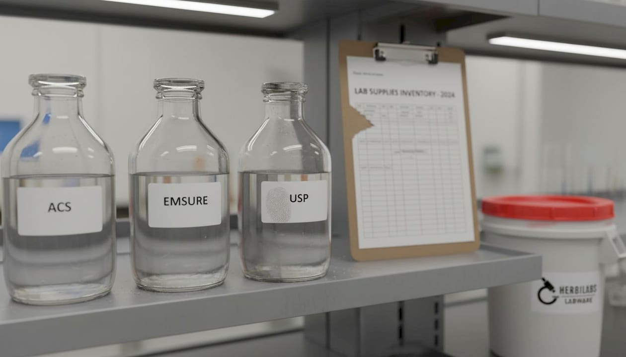 Reagent bottles labeled with lab purity standards