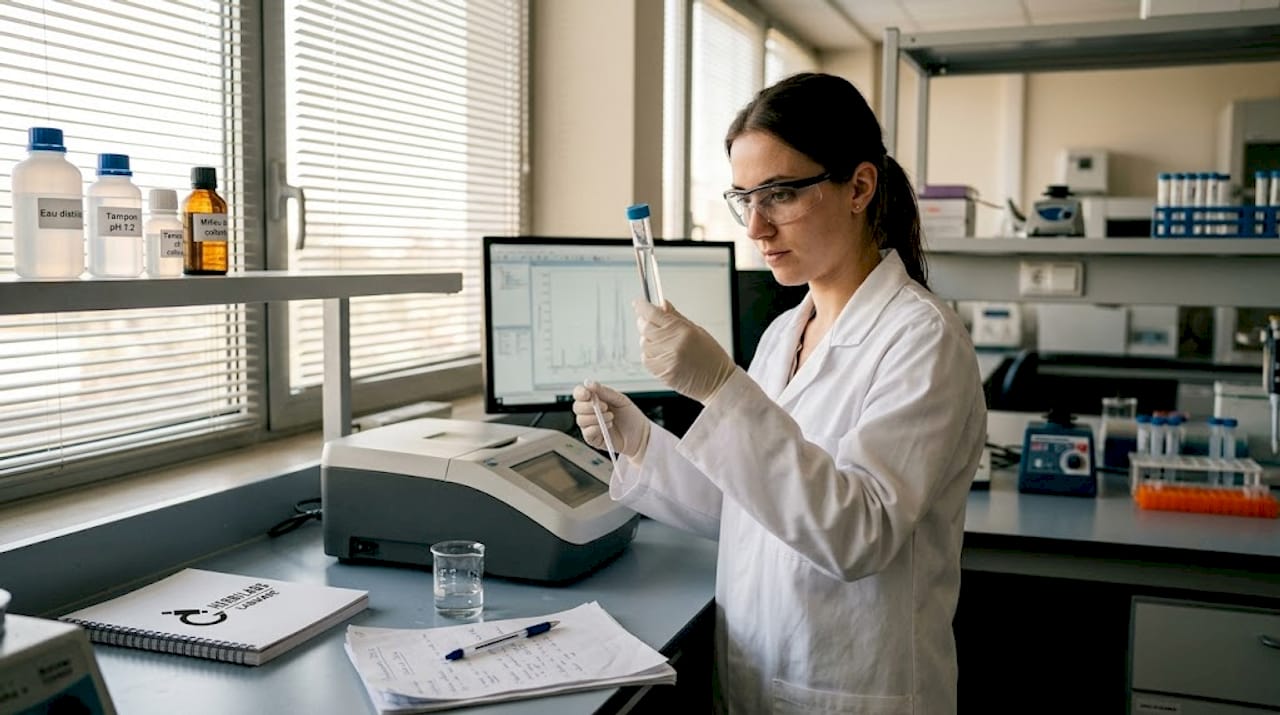 Une scientifique procède à des analyses de l’eau en laboratoire.