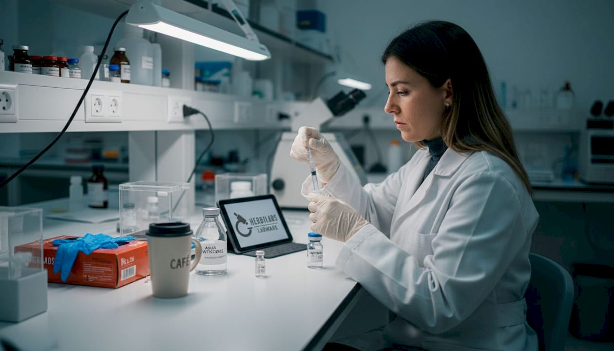 Científica preparando una mezcla de péptidos con agua para inyección