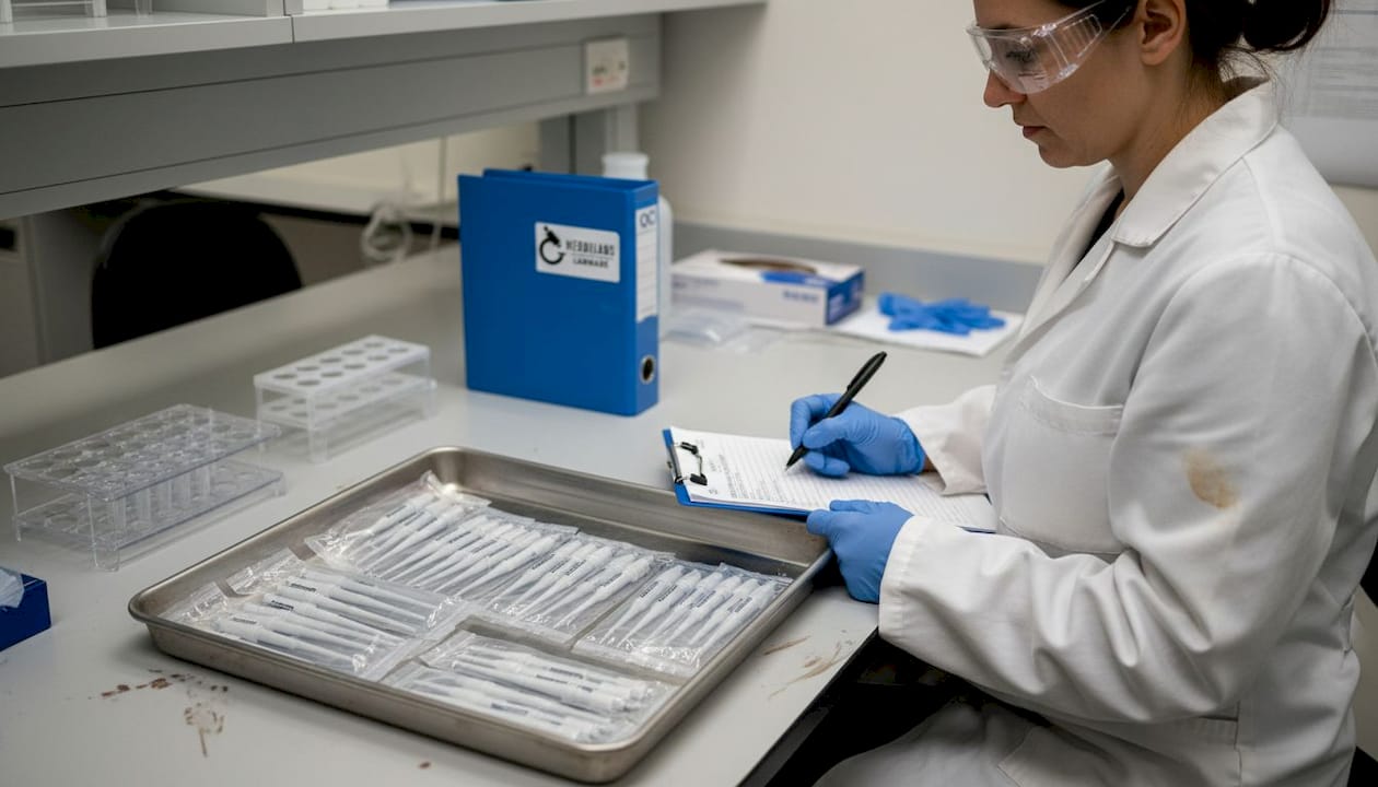 Technician verifying pipettes in research lab