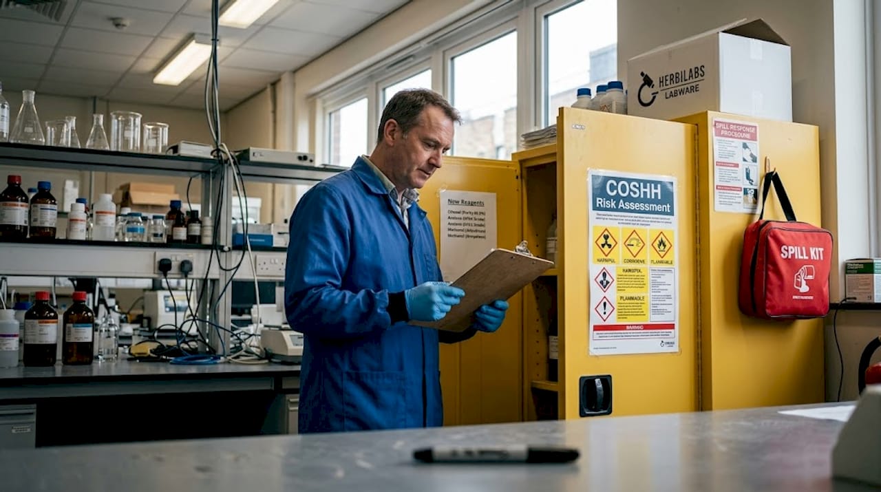 Manager reviewing COSHH assessment in lab