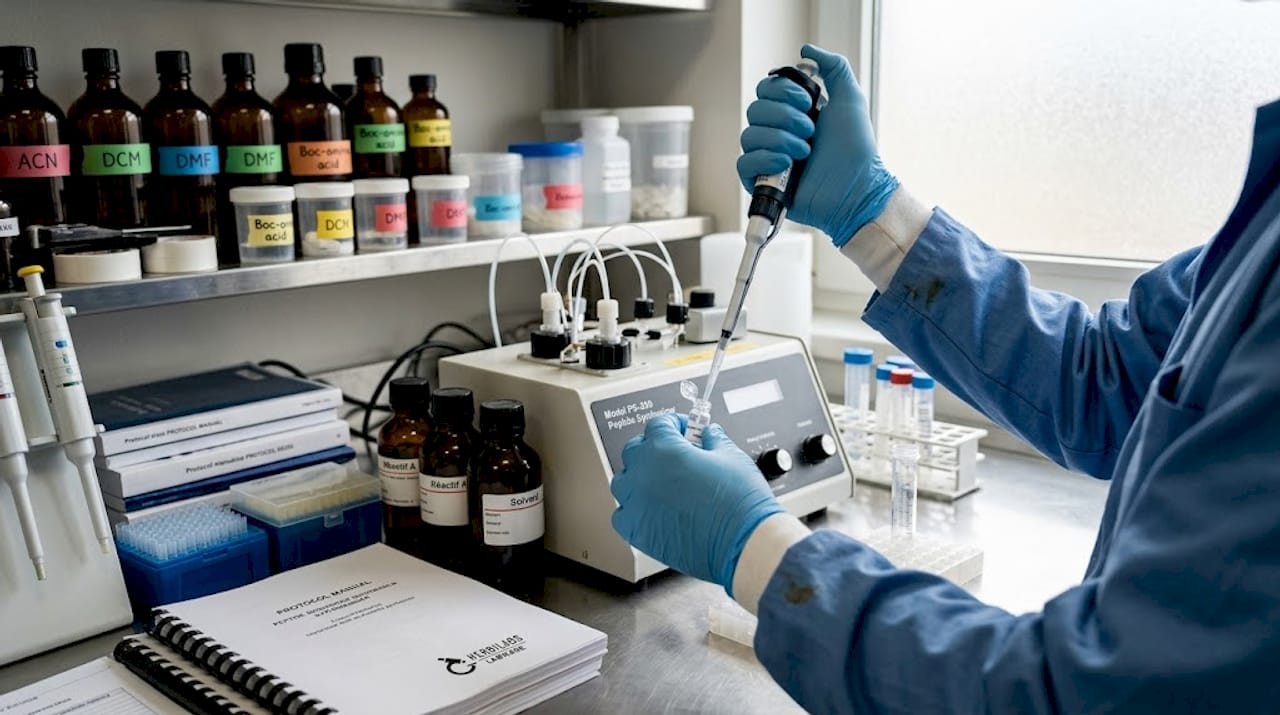 Des mains préparent la mise en place de la réaction de synthèse peptidique.