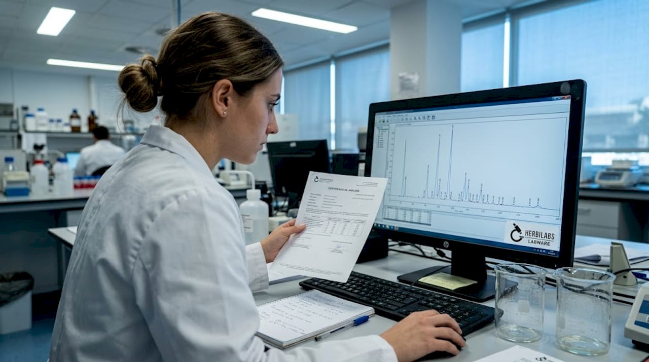 Bioquímica analizando el cromatograma y verificando el certificado de resultados