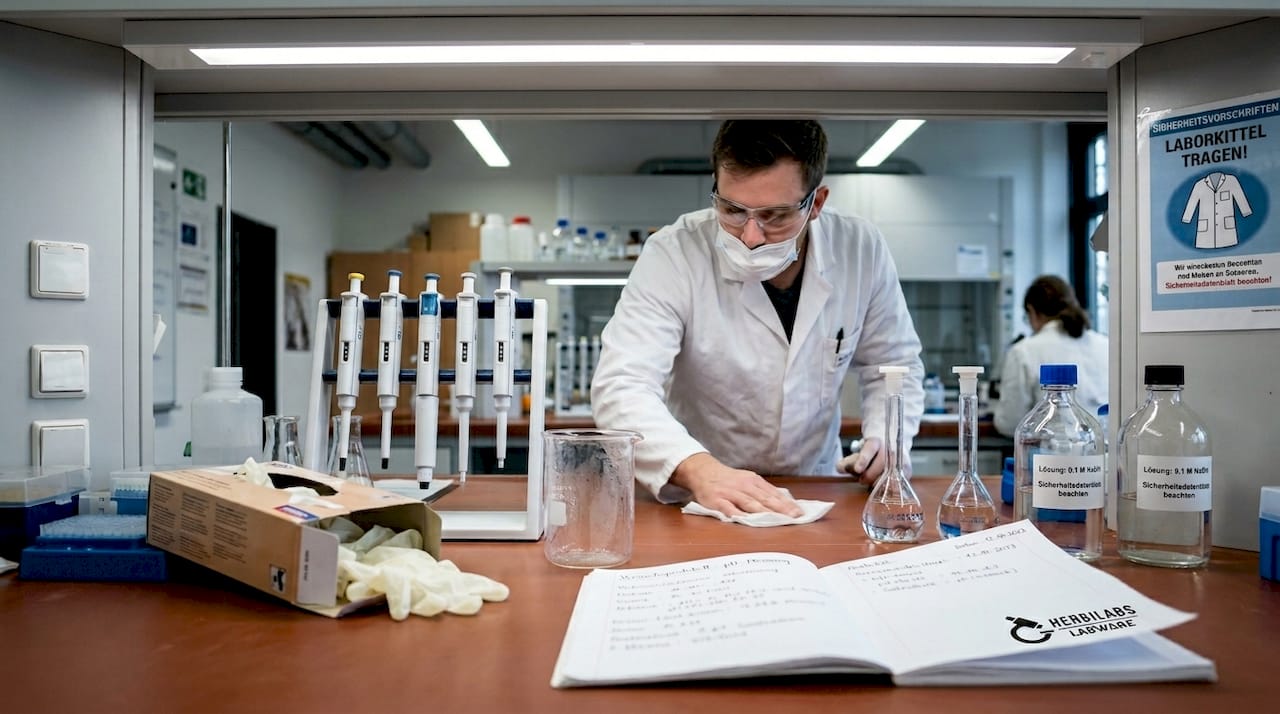 Ein Laborant reinigt die Arbeitsfläche gründlich mit sterilen Utensilien.