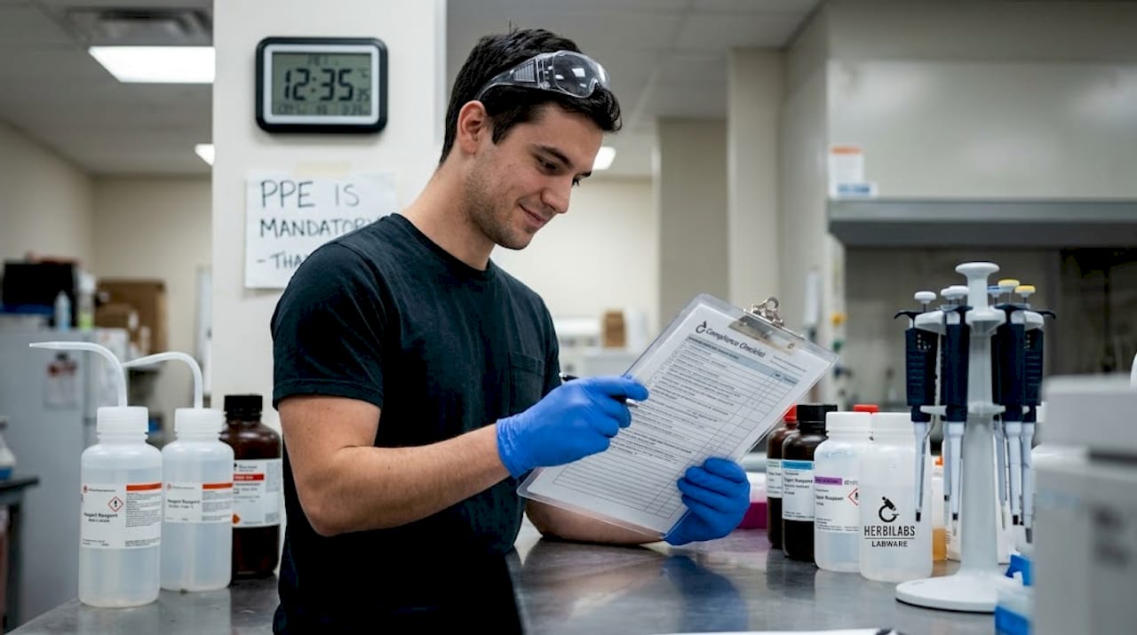 Lab technician reviewing compliance checklist at bench