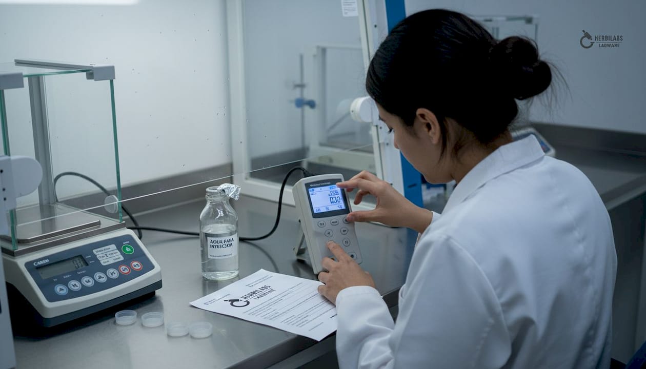 Especialista comprobando los valores en el medidor de conductividad