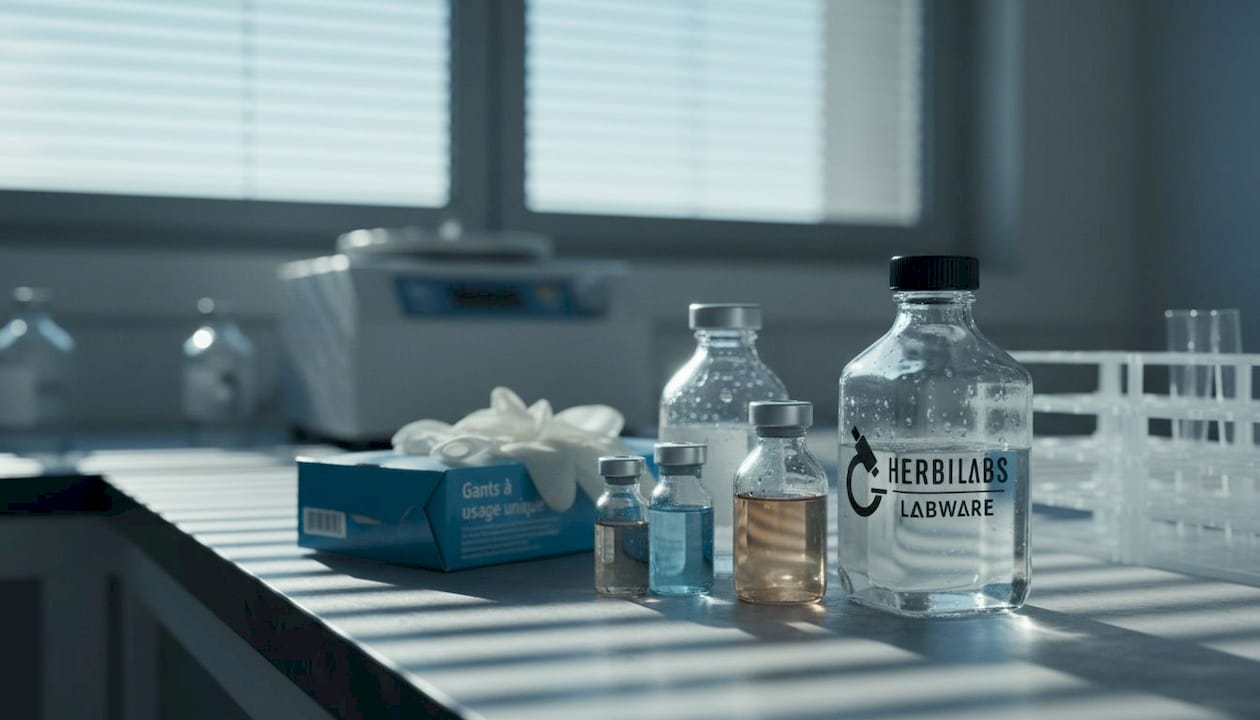 Sur la paillasse du laboratoire, plusieurs flacons de diluants sont disposés côte à côte.