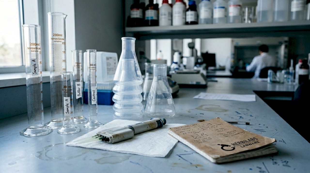 Close-up lab bench with essential glassware and plasticware