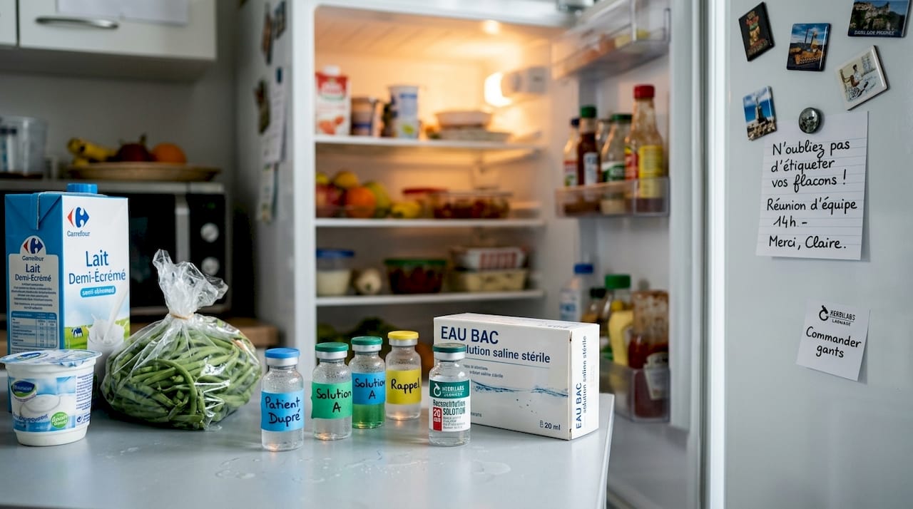 Les flacons de peptides sont rangés sur l’étagère du bas du réfrigérateur.