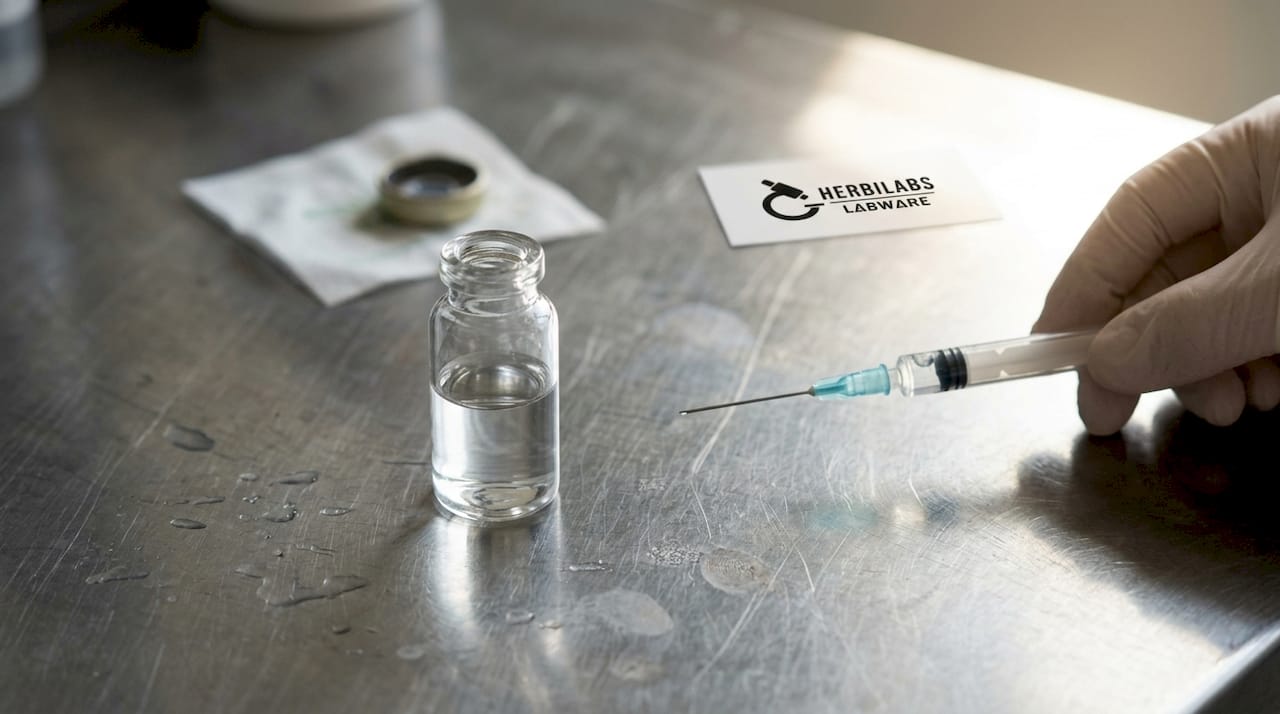 Ampolla de borosilicato acompañada de jeringa y toallita con alcohol