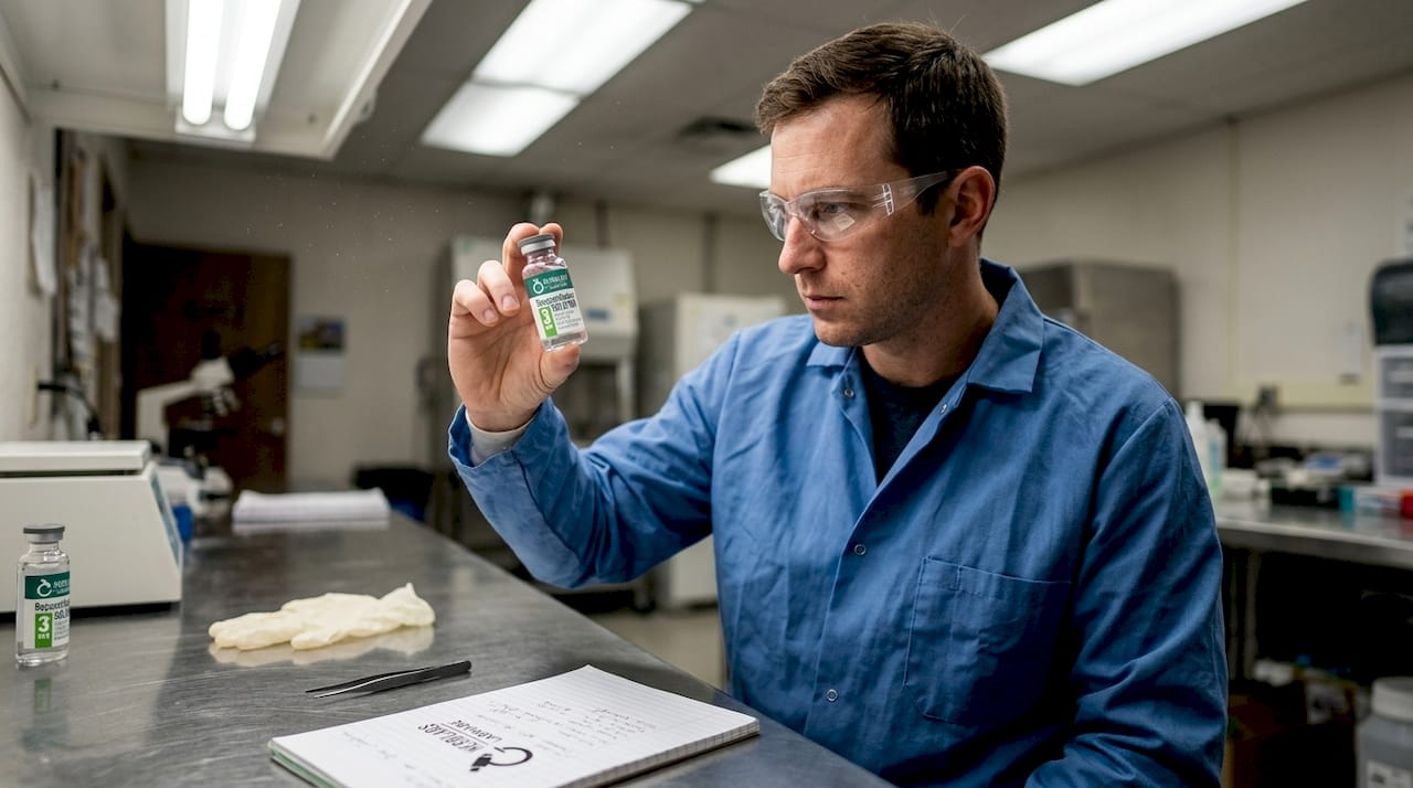 Technician closely inspects water vial label
