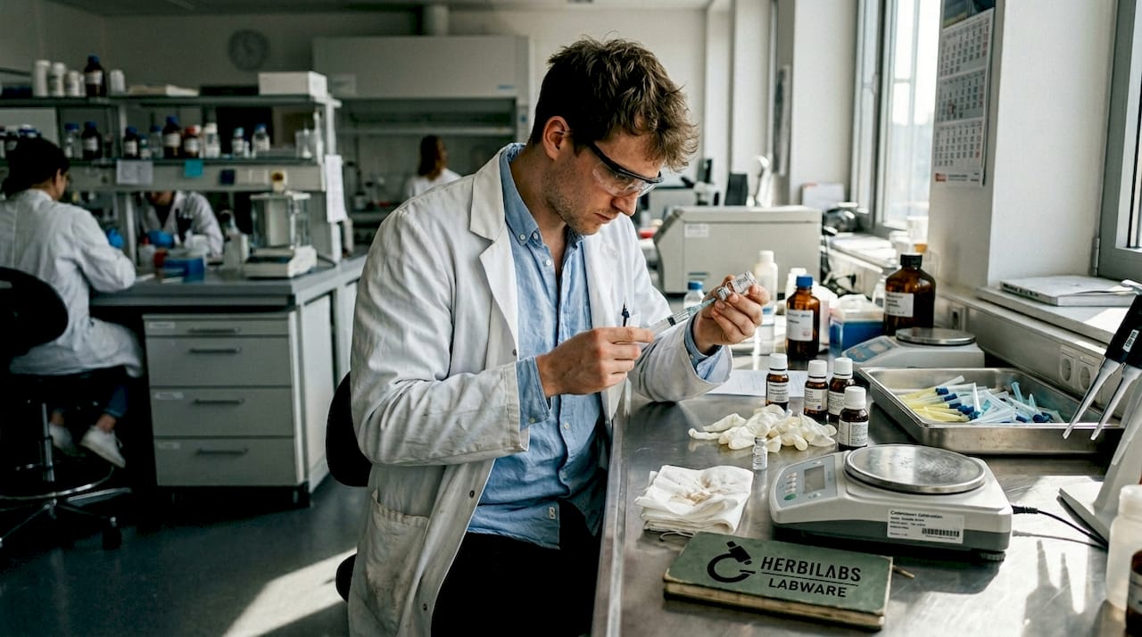 Eine Labortechnikerin stellt eine Peptidlösung her.