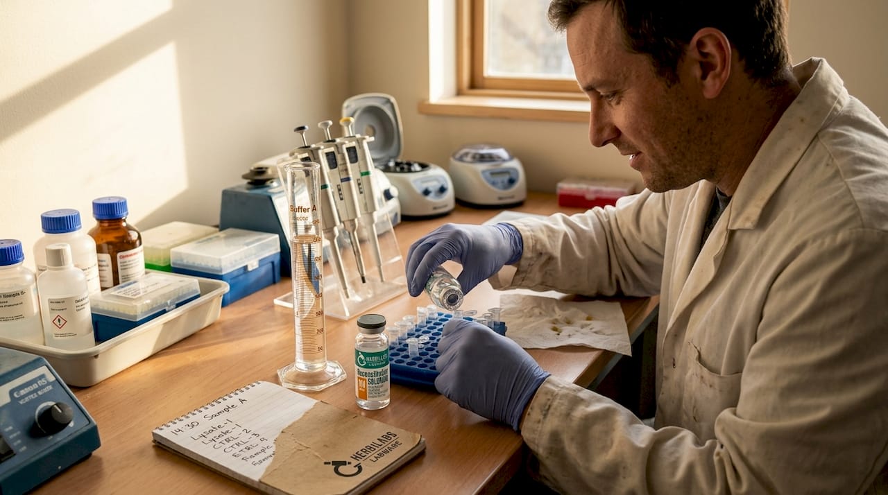 Technician prepping buffer solutions in lab