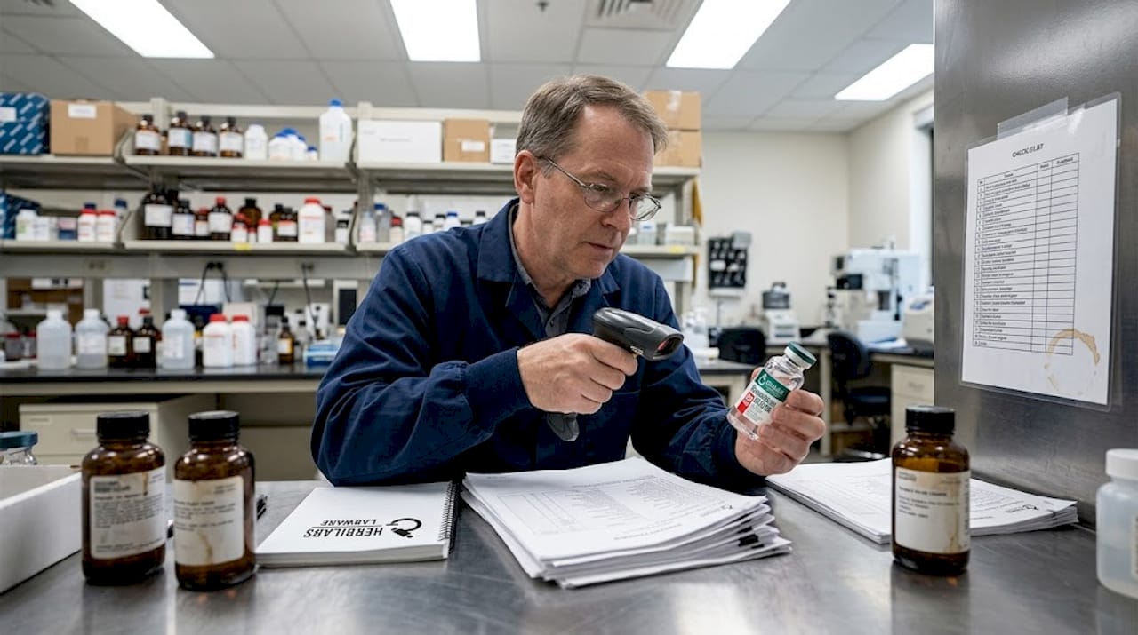 Manager checking reagent barcode in lab