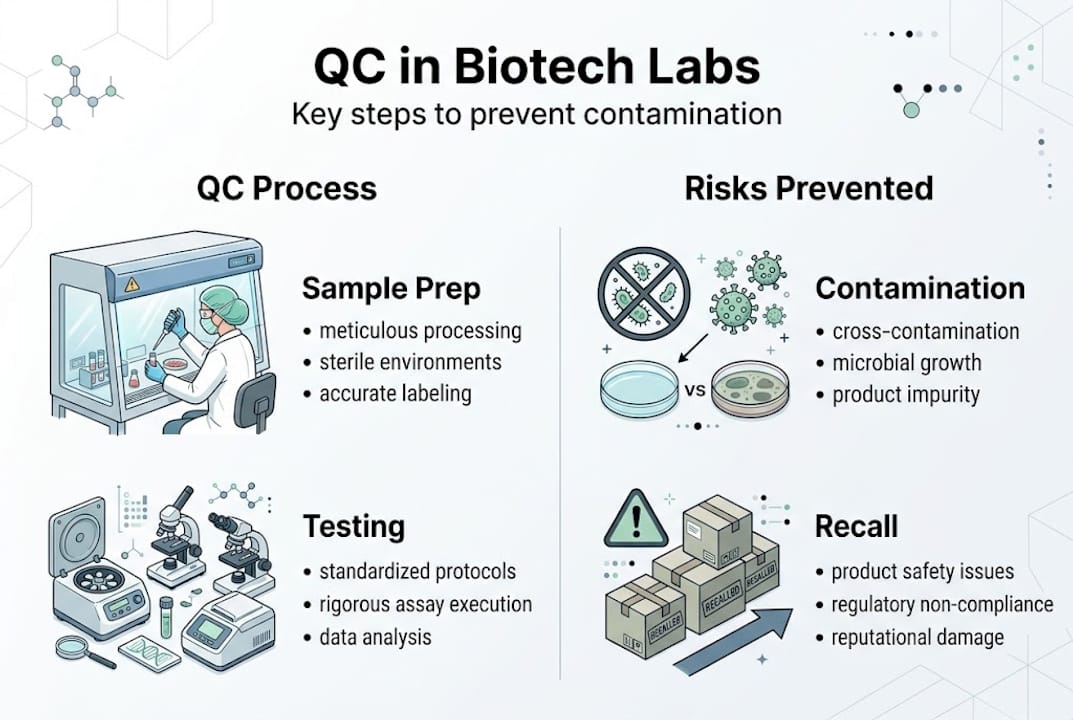Infographic showing biotech lab QC steps and risks