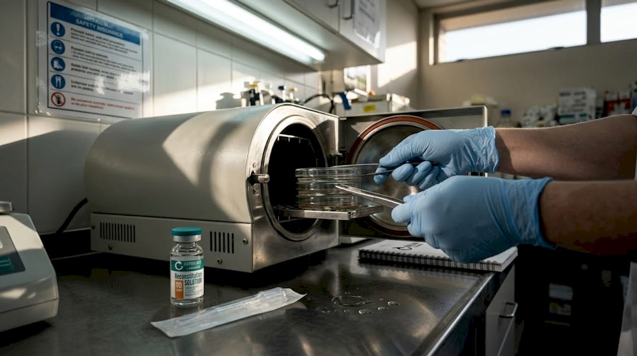 Gloved hands loading petri dishes into autoclave