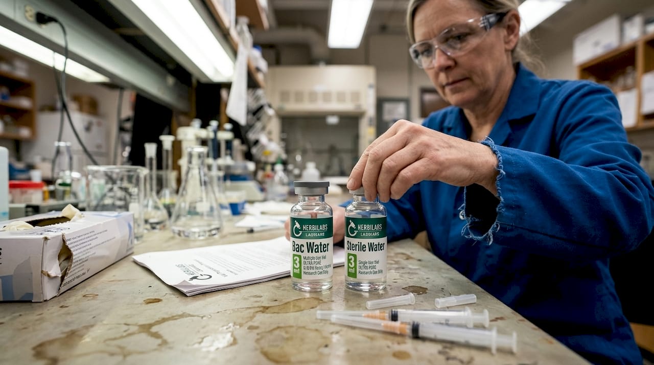 Scientist comparing bac water and sterile water