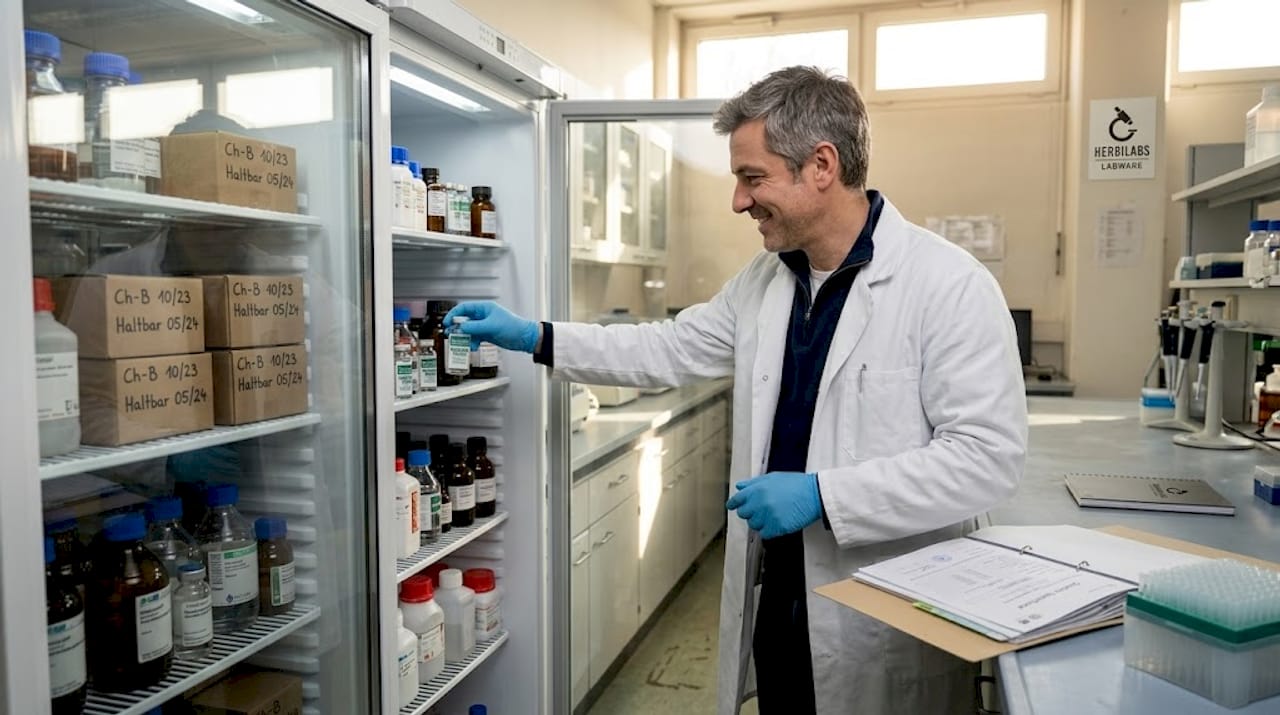 Ein Laborant sortiert und ordnet die Reagenzien im Kühlschrank des Labors.