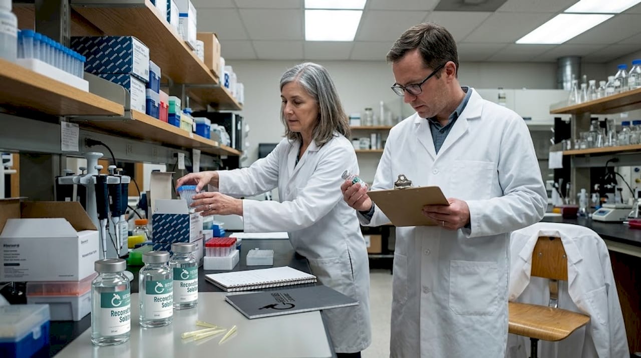 Researchers organizing matching lab consumables