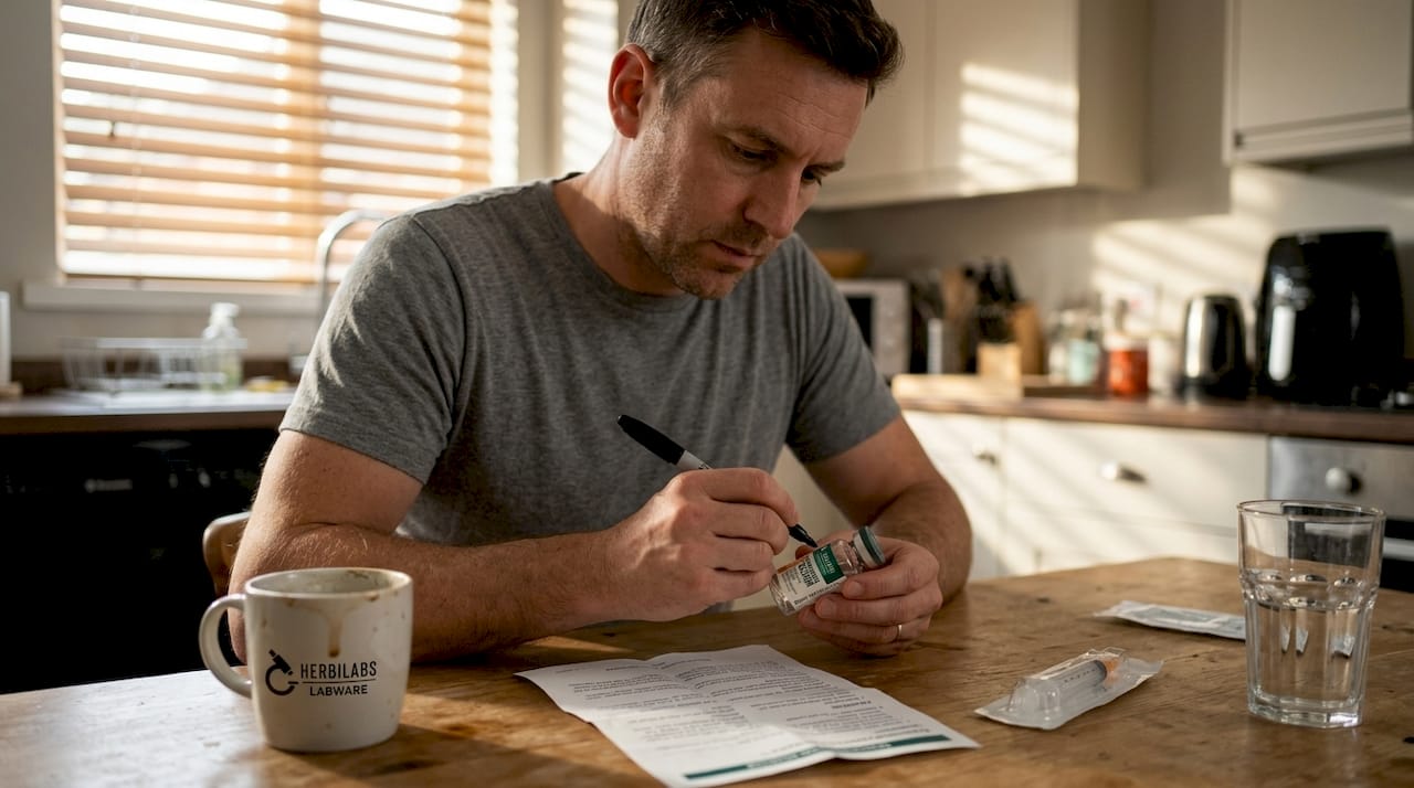 Man dating bacteriostatic vial at kitchen table