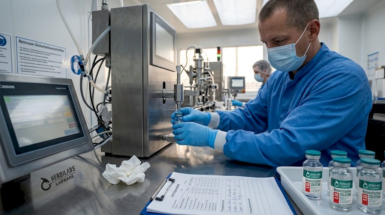 Ein Techniker führt die aseptische Abfüllung von Medikamenten in Vials durch.