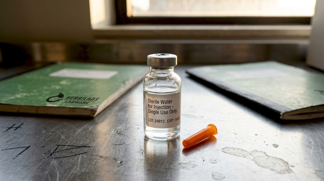 Punctured sterile water vial close-up