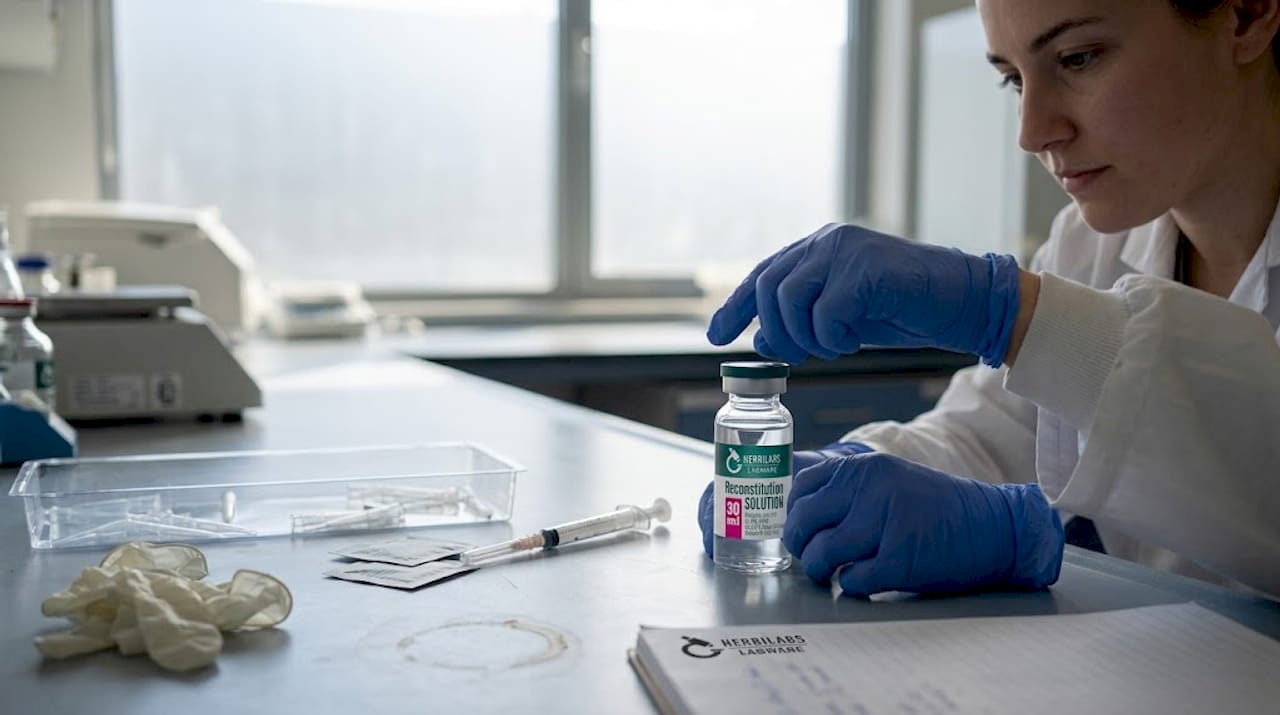 Hände überprüfen sorgfältig eine sterile Ampulle und eine Spritze.