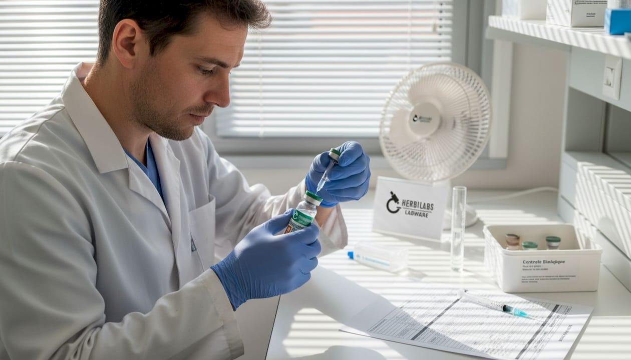 Un technicien en train de reconstituer un peptide à l’aide d’eau stérile.