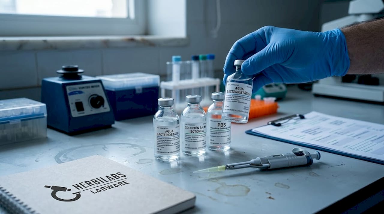 Varios frascos con diluyentes colocados juntos sobre la mesa del laboratorio.