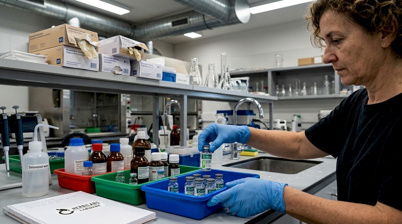 Técnico de laboratorio manipulando reactivos líquidos sobre una bandeja de seguridad