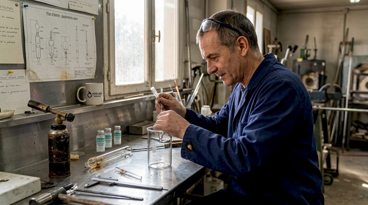 Un technicien conçoit sur mesure un bécher de laboratoire