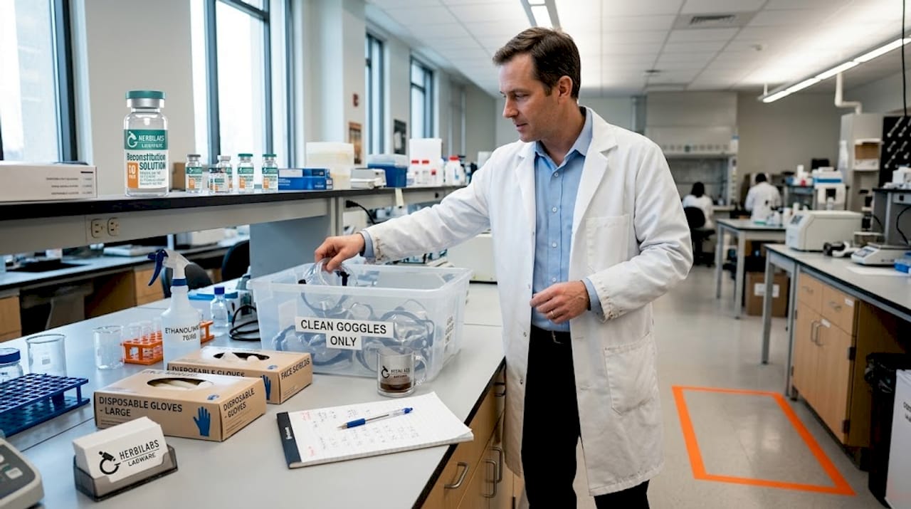 Scientist choosing goggles for lab work