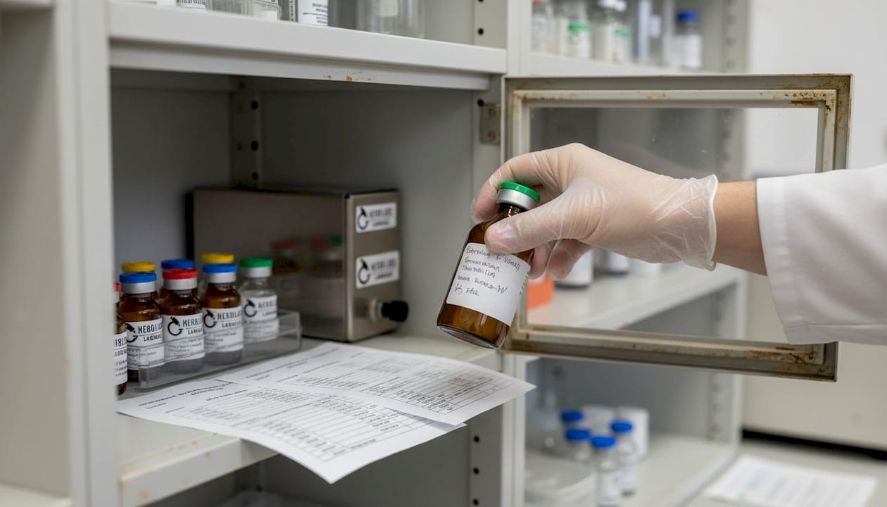 Eine von Hand beschriftete Laborflasche steht vor einem Regal mit weiteren Chemikalien.