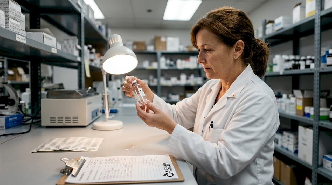 Un pharmacien examine attentivement un flacon dans la réserve.