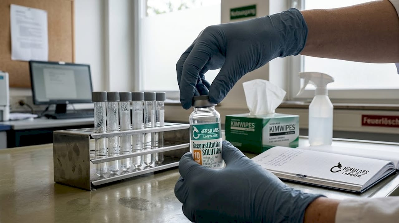 Mit sterilen Handschuhen wird ein Fläschchen am Labortisch geöffnet.