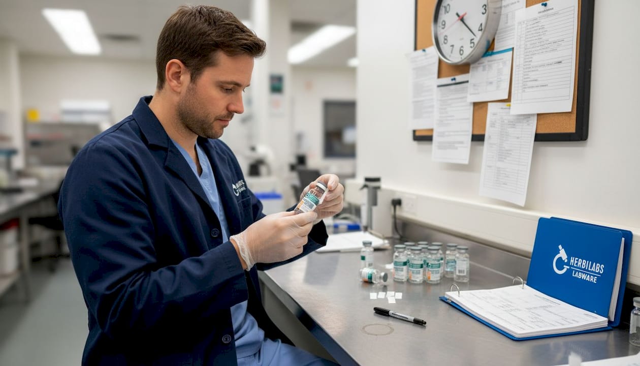 Researcher labeling a sterile water vial
