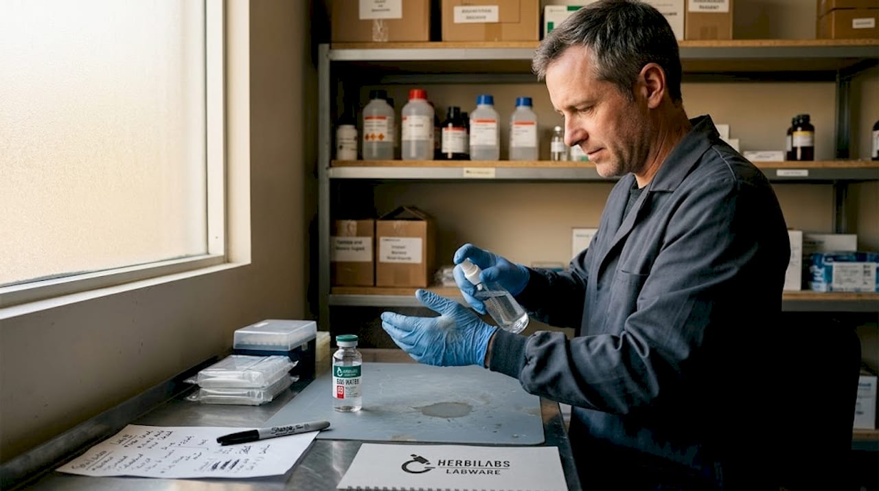 Researcher performing BAC water vial safety measures