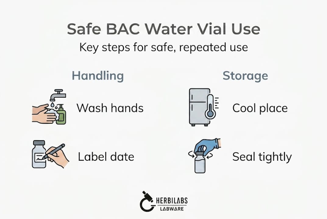 Infographic showing BAC water vial protocols and key steps