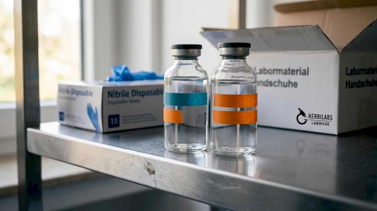 Im Labor stehen sterile Wasserflaschen ordentlich im Regal.