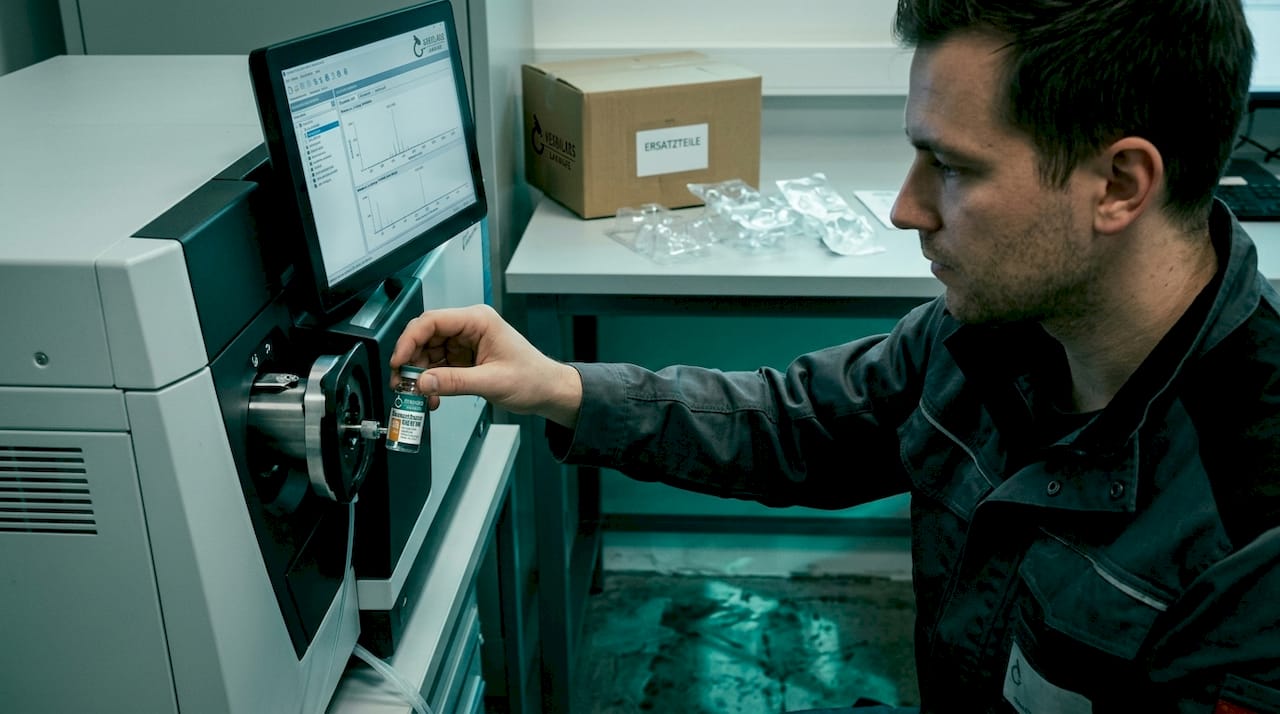 Ein Labortechniker führt Wartungsarbeiten am Massenspektrometer durch.