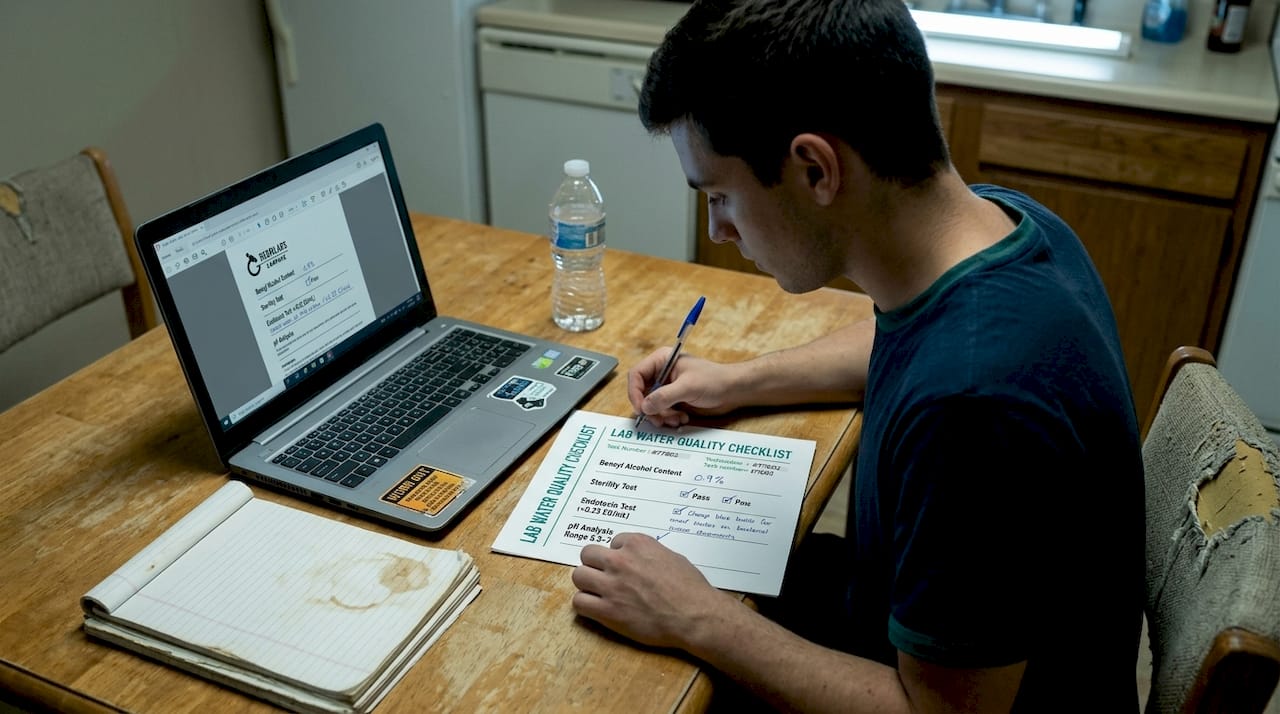 Student checking water quality checklist at table