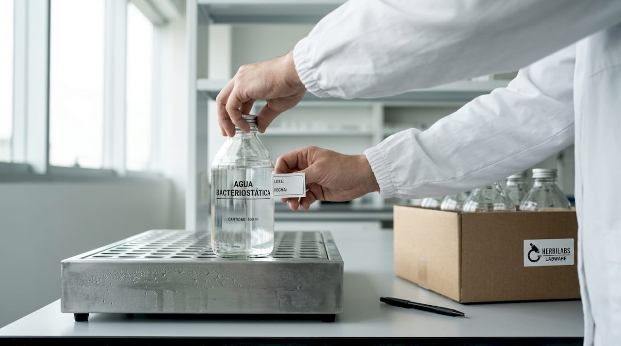 Científico cerrando cuidadosamente un frasco con muestra de agua antes de guardarlo en la nevera