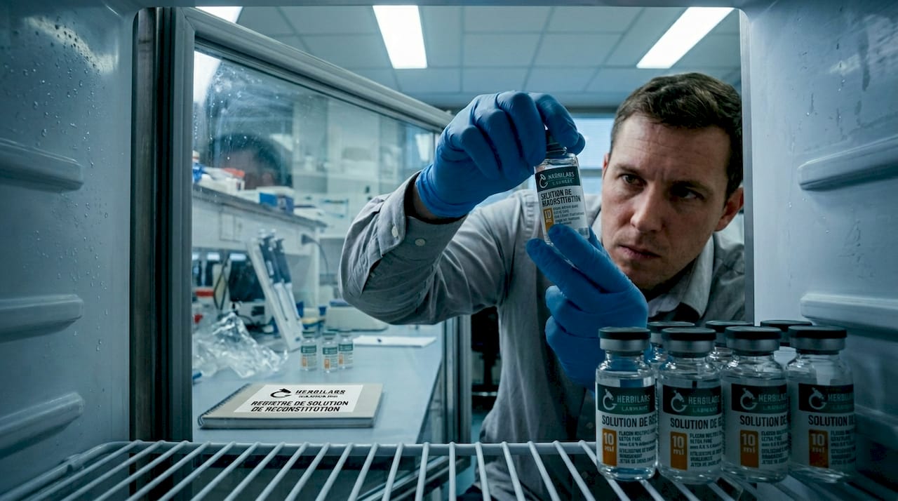 Organisation des flacons dans le réfrigérateur du laboratoire