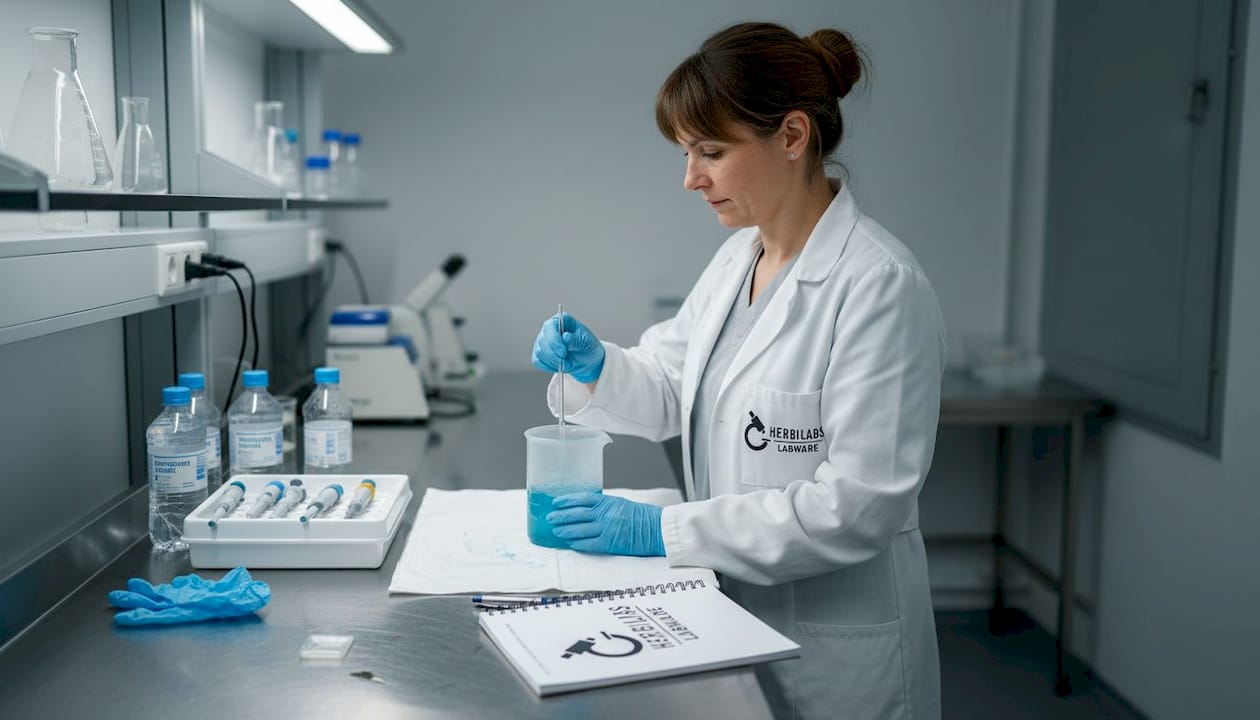 Eine Wissenschaftlerin bereitet im Labor eine neue Lösung vor und mischt sorgfältig verschiedene Substanzen zusammen.