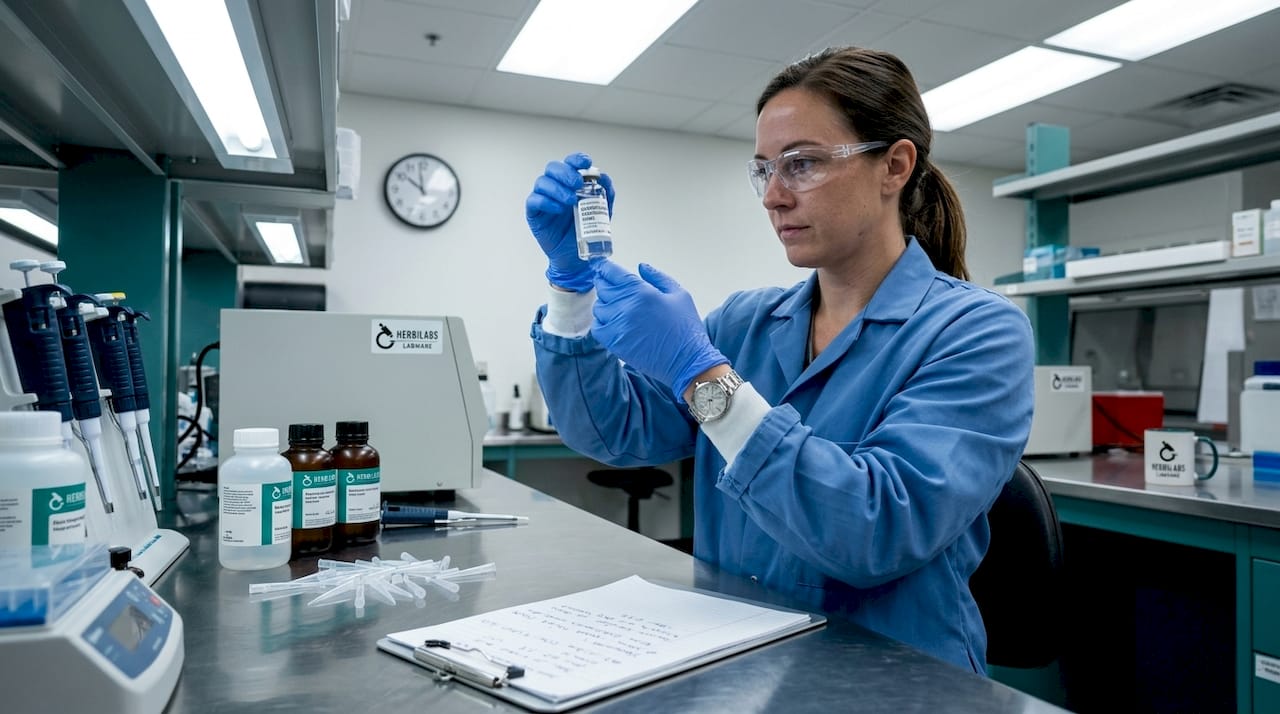 Lab technician checking bac water vial