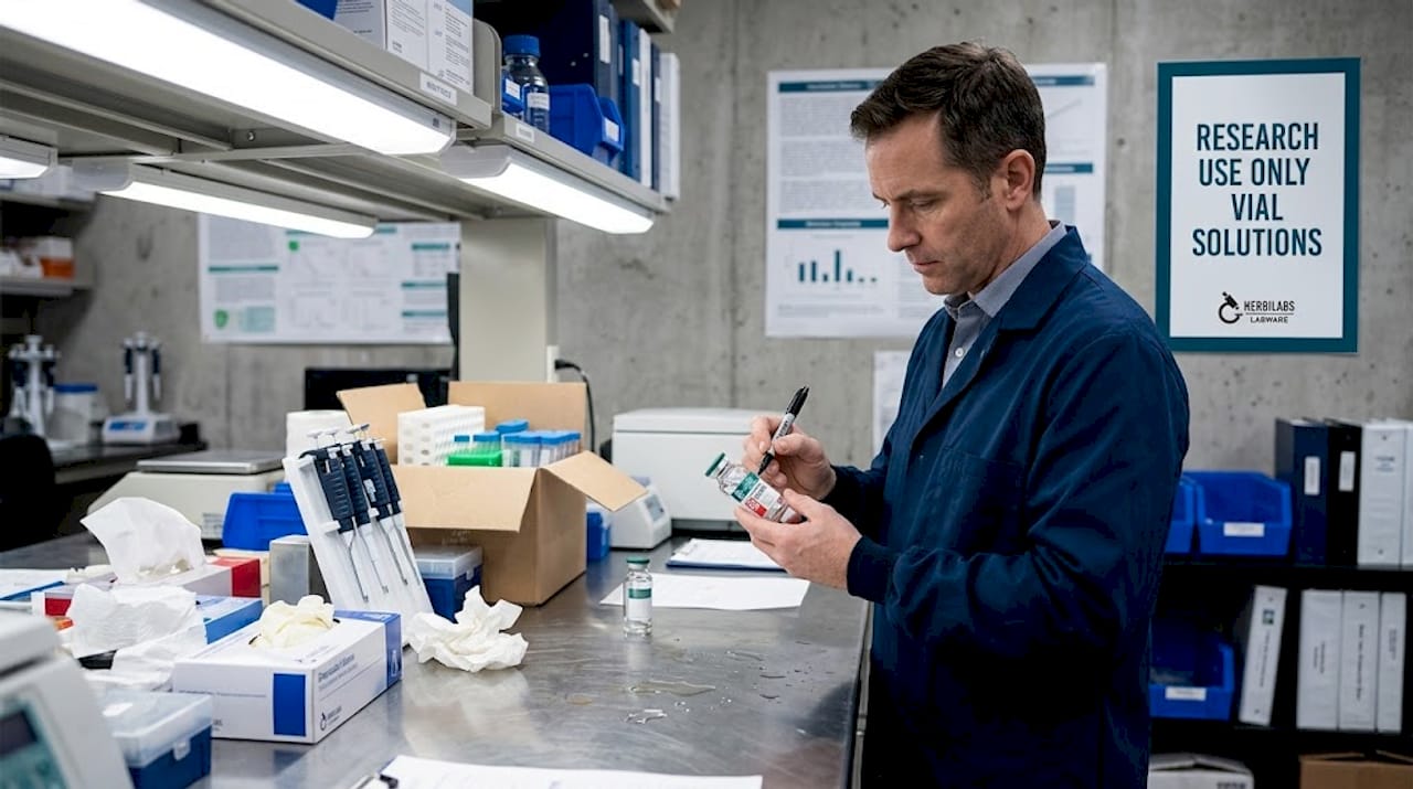 Scientist labels bottles on slightly messy lab bench